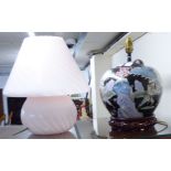 A modern soft pink, one-piece glass table lamp and shade of squat,