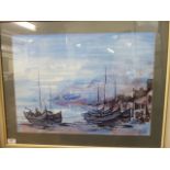 Jode Wilks - a shoreline scene with moored sailing boats mixed media 17'' x 22'' framed