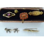 Georgian and Victorian items of personal ornament: to include a 9ct gold ribbon bar brooch;