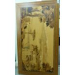 A Rowley Gallery inspired marquetry picture with a Mediterranean shoreline scene 17'' x 42''