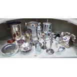 Silver and electroplated wares: to include three ice buckets; a triple branch candelabra 9''h;