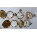 Five similar gold plated cased Waltham pocket watches,