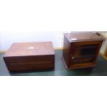 A late 19thC mahogany writing box with straight sides, brass flank handles and a base drawer,