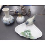 Six Copenhagen porcelain miniature ornaments: to include a vase, a rabbit and an otter largest 2.