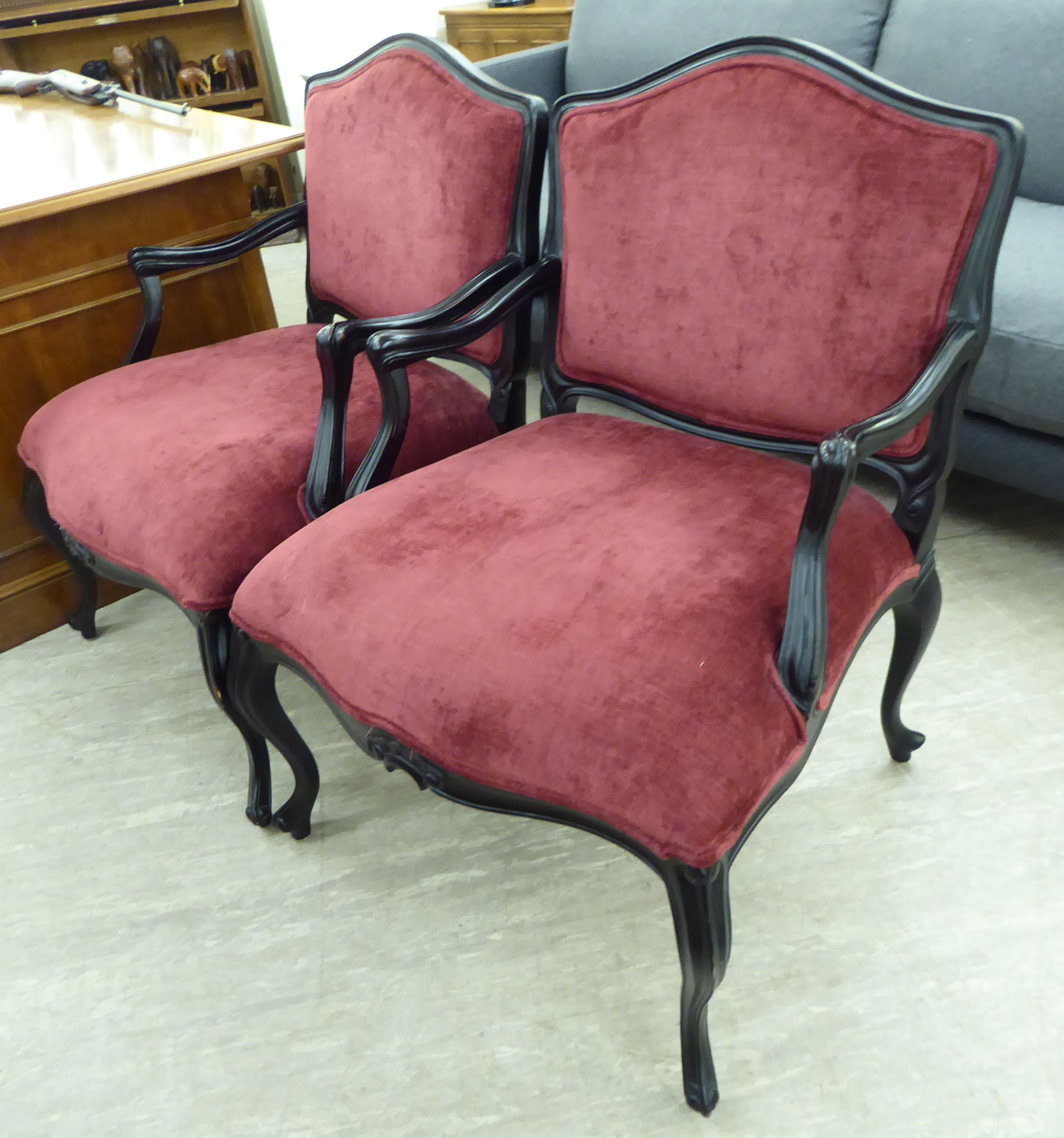 A pair of Louis XV design ebonised framed salon chairs, - Image 2 of 2