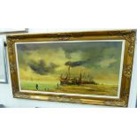 Curdena - a Continental shoreline scene with beached fishing vessels oil on canvas bears a