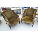 A pair of mid 19thC mahogany showwood framed salon chairs,