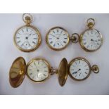 Five similar gold plated cased Waltham pocket watches,