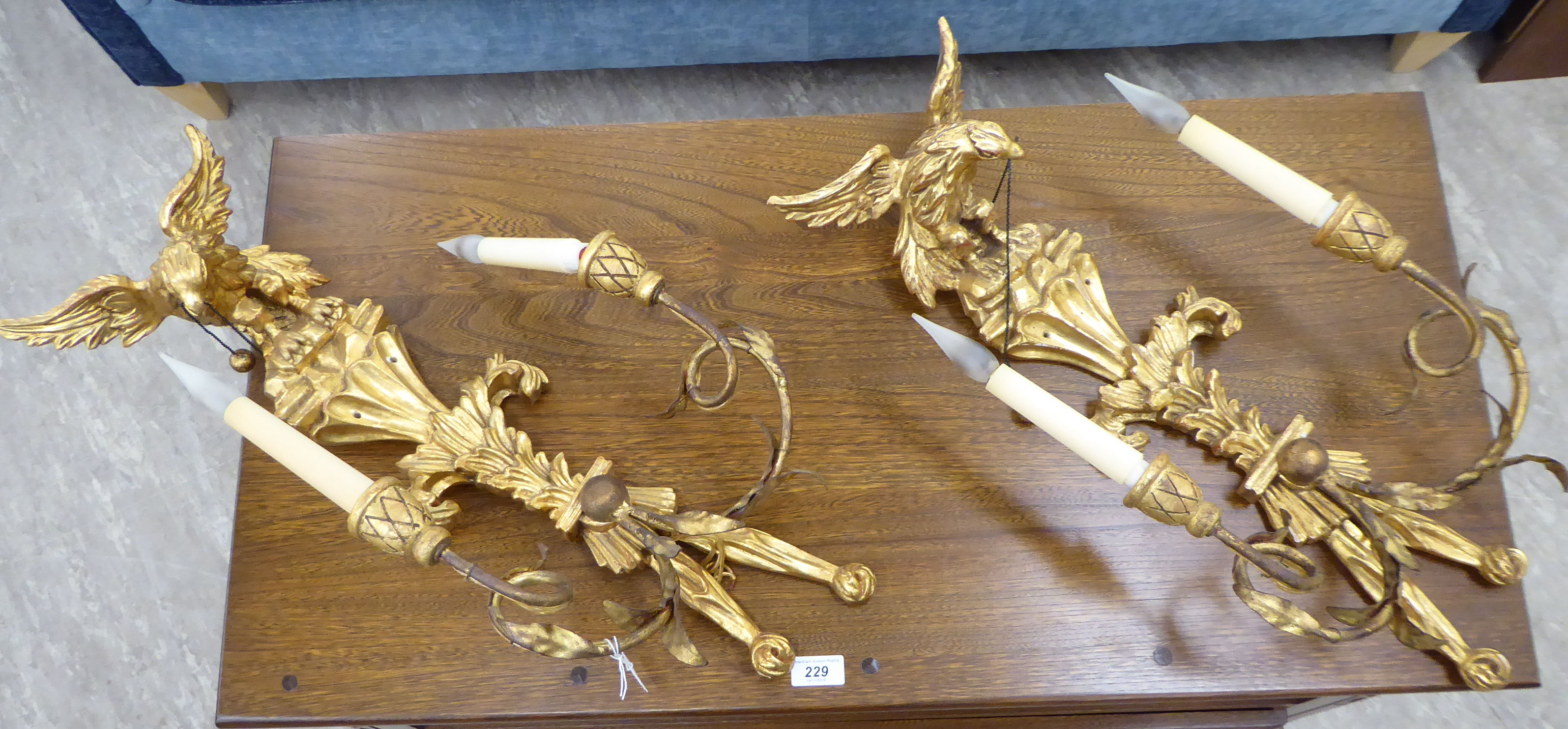 A pair of modern Regency design gilded gesso twin branch appliques,