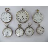 Seven similar silver and white metal cased pocket watches: to include a Waltham,