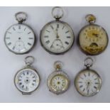 Six white metal cased pocket watches,
