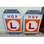 Two painted metal HGV 'Learners' plates 14'' x 23'' LAB