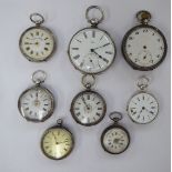 Eight white metal cased pocket watches,