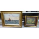 A Lee - an offshore scene with small sailing vessels and a port beyond oil on canvas bears a