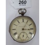 A silver cased pocket watch, faced by a white enamel Roman dial and subsidiary,