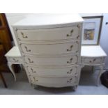 A modern French inspired cream coloured painted and gilded five drawer dressing chest,