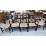 A harlequin set of ten 19th/early 20thC oak and beech framed Lancashire dining chairs with bobbin