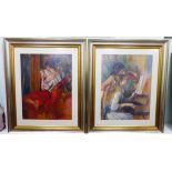 Two interior scenes of figures coloured prints 23'' x 18'' frames CA