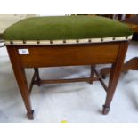 An Edwardian string inlaid mahogany piano stool, the stud upholstered, hinged top raised on square,