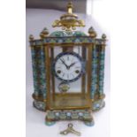 A 20thC brass and cloisonne cased four glass mantel clock,