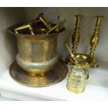 Decorative and functional 20thC metalware: to include a pair of candlesticks stamped 'The Diamond