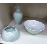 Three late 19thC celadon glazed items, viz.