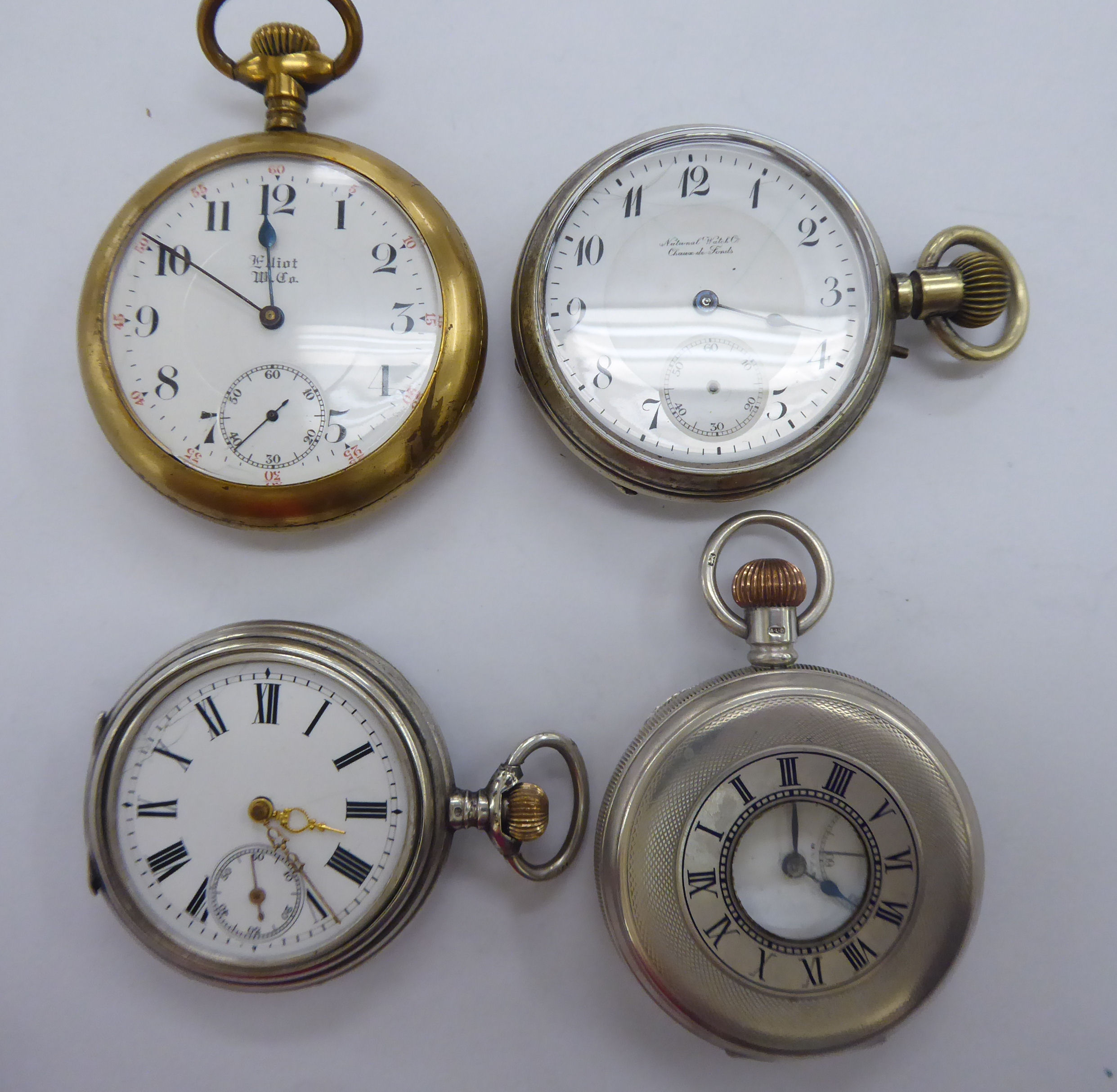 Four late 19th/early 20thC pocket watches, various metal and silver cases,
