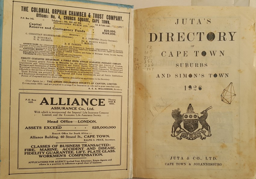 Juta & Co. (Compilers) Juta's Directory of Cape Town Suburbs and Simon's Town 1926 Staining of - Image 3 of 4