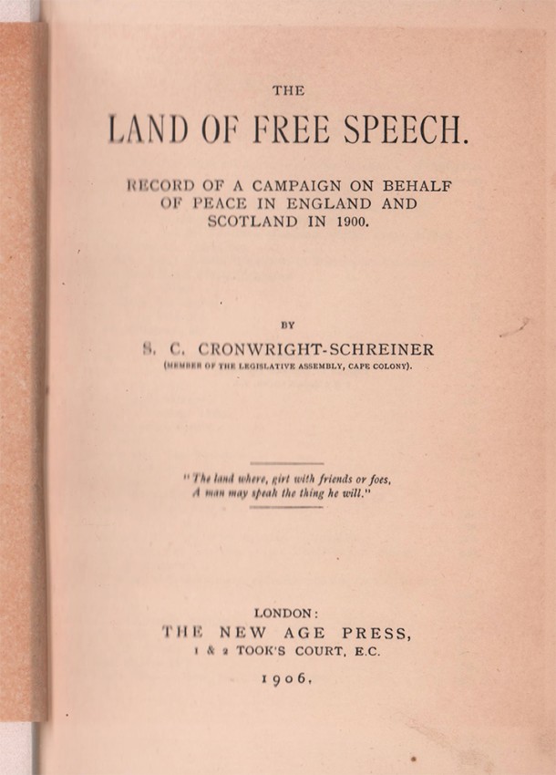 Cronwright Schreiner (S.C.) THE LAND OF FREE SPEECH First edition: 456 pages + [1] - appendix - Image 3 of 4