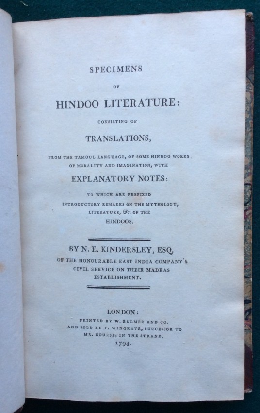 [TAMIL literature.] - Nathaniel Edward KINDERSLEY (1763 ƒ?? 1831) [The Tirukkural, and other