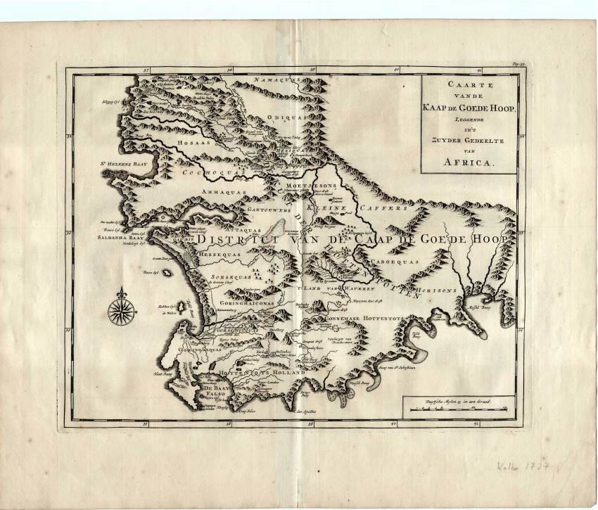 Peter Kolbe (Balthasar Lakeman) Caarte van de Kaap de Goede Hoop [Map of the Cape of Good Hope]