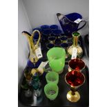 Coloured glass to include goblets, blue jug and glasses.