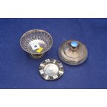 Silver items including dressing table pot and bon-bon dish.