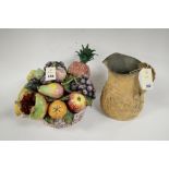 Italian Maiolica basket of fruit together with a Drabware Jug