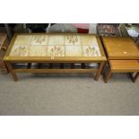 Two teak tables and a tile topped table