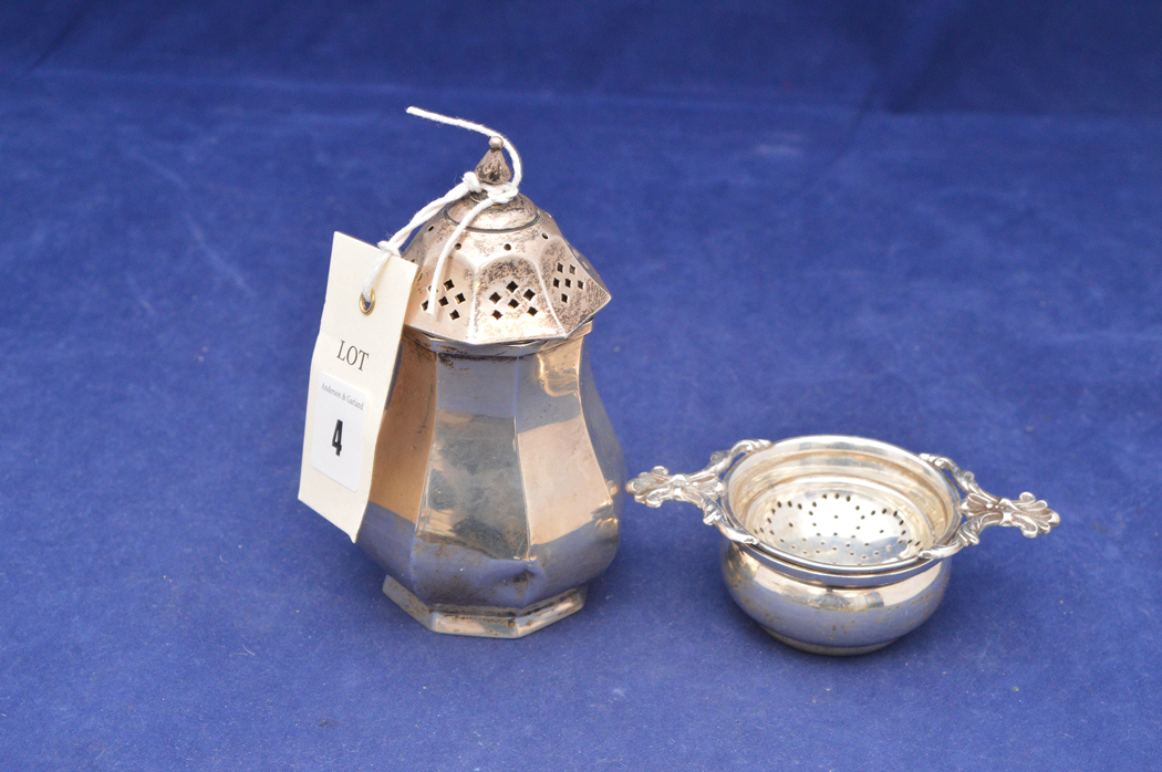 Silver sugar caster and tea strainer