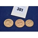 Two gold sovereigns and a gold half sovereign