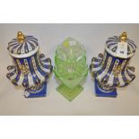 Pair of Dresden vases and covers together with an Art Deco green glass vase