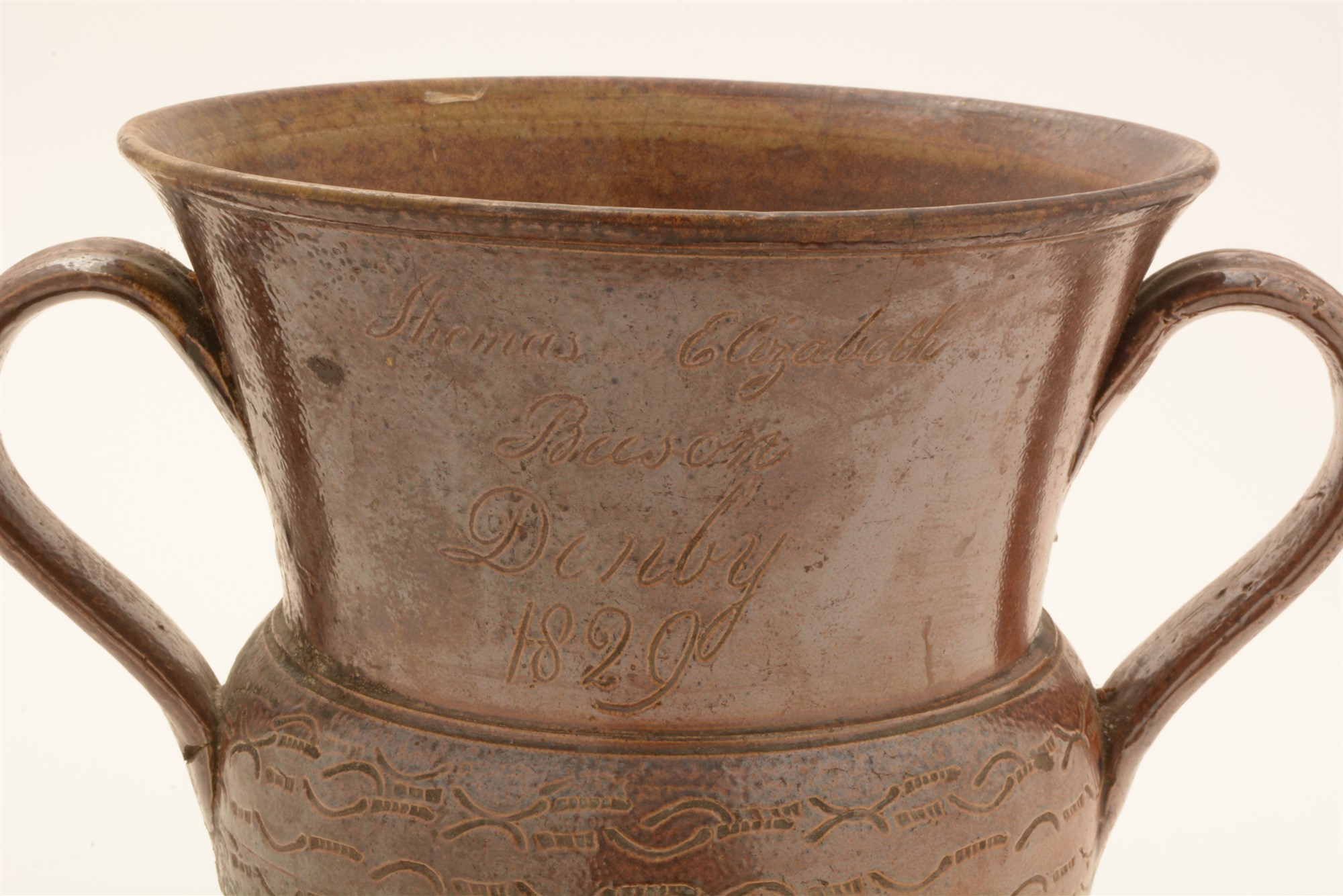 A rare Nottingham brown saltglaze loving cup. - Image 2 of 4