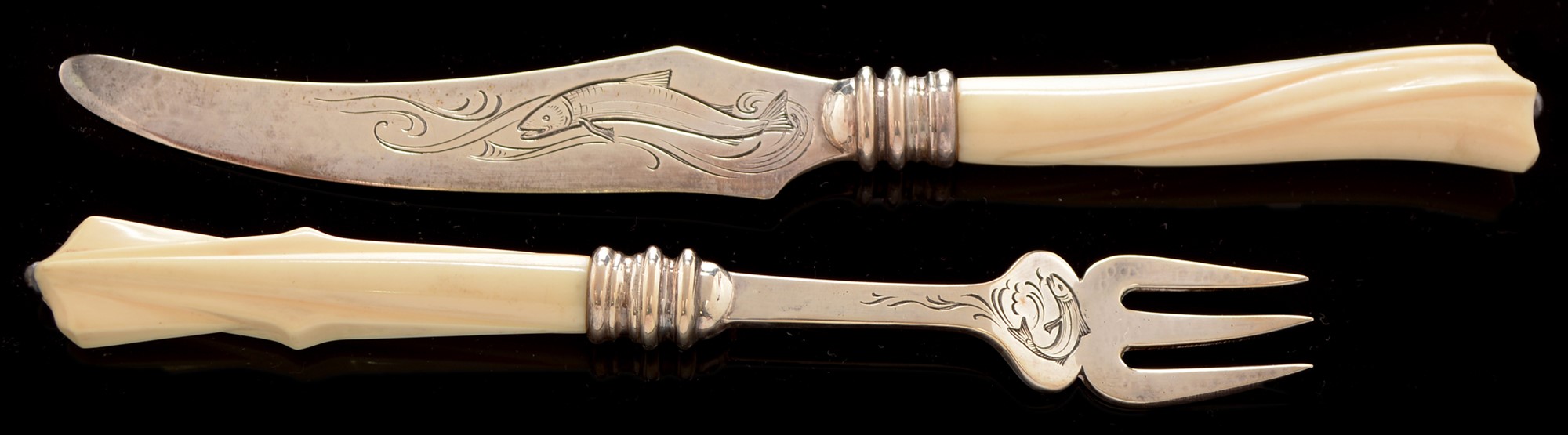 Omar Ramsden silver and ivory fish knife and fork