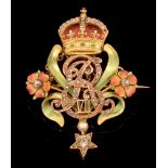 Edward VII enamel and diamond 18ct brooch, in box