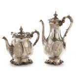 Silver coffee pot and near matching teapot