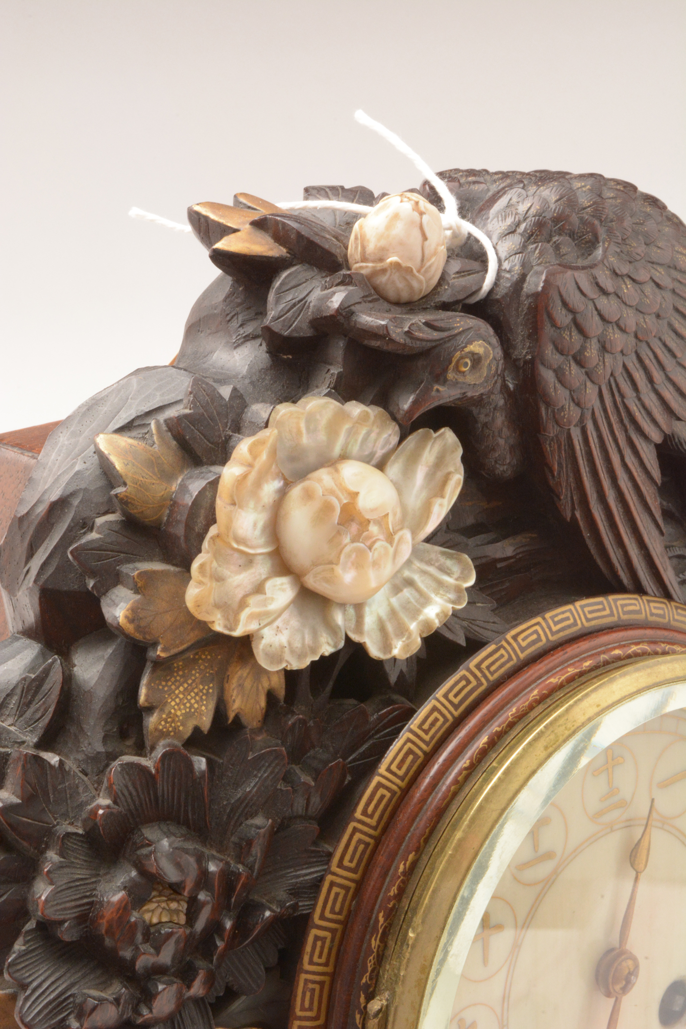 A rare and unusual Japanese carved mantel clock. - Image 7 of 14