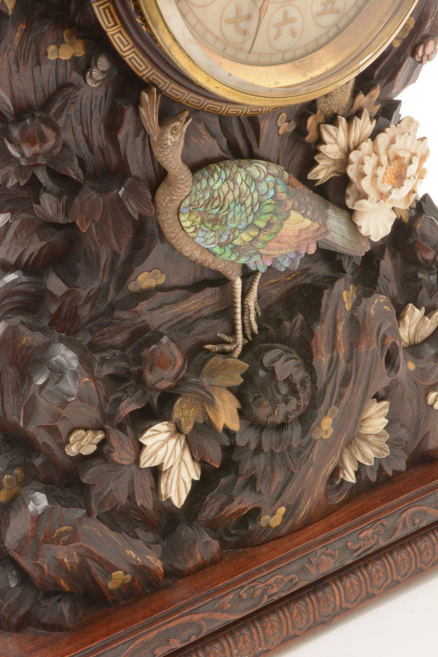 A rare and unusual Japanese carved mantel clock. - Image 10 of 14