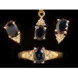 Sapphire and diamond ring, earrings and pendant