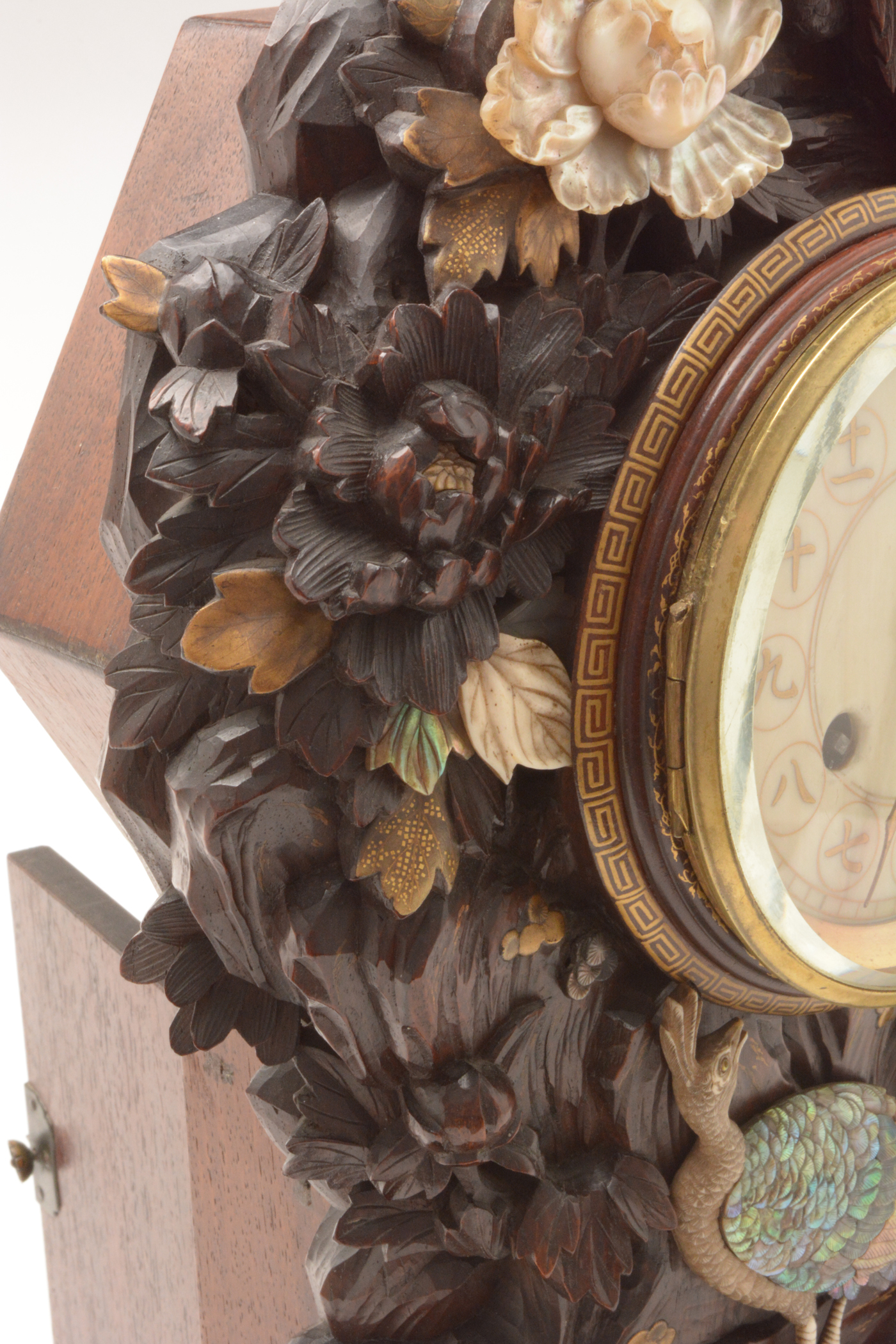 A rare and unusual Japanese carved mantel clock. - Image 8 of 14