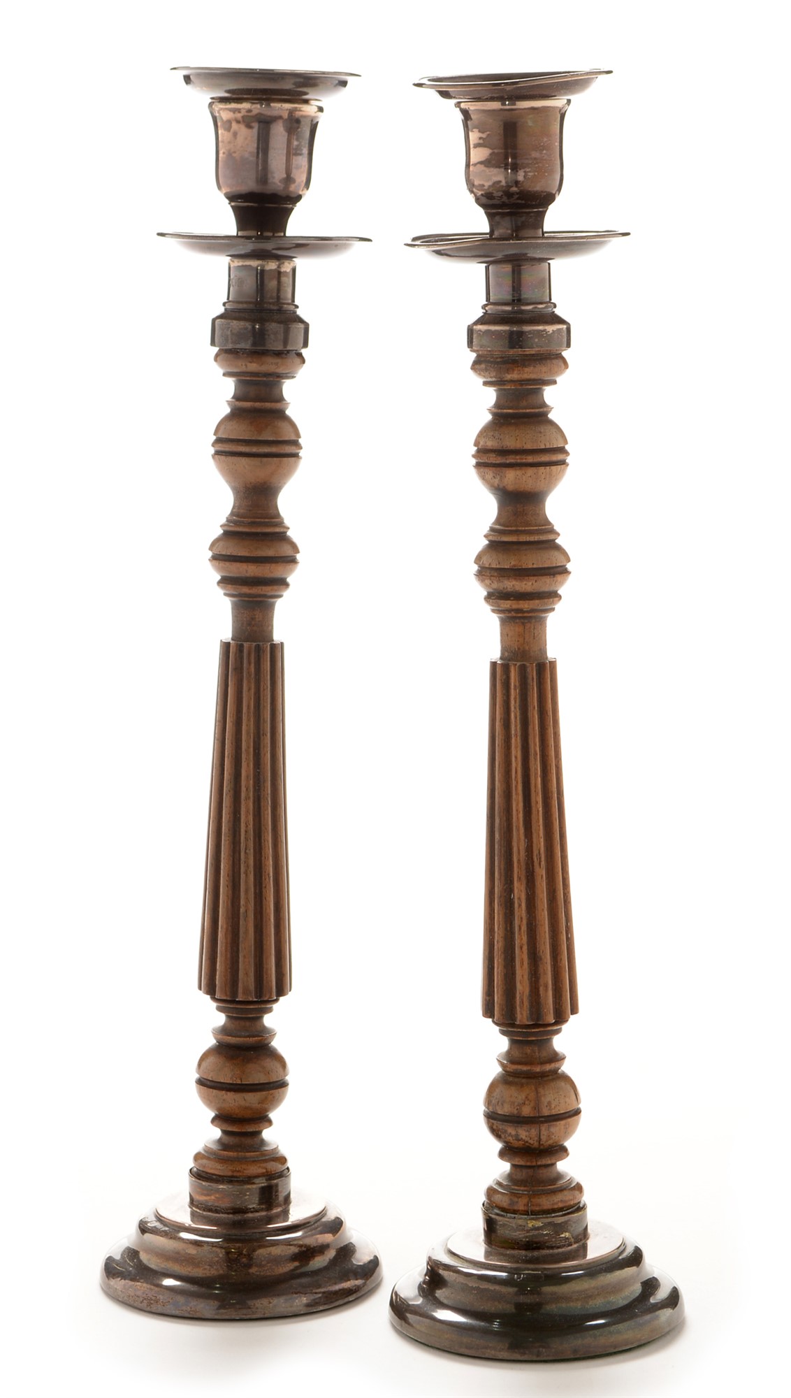 Pair silver mounted wooden candlesticks