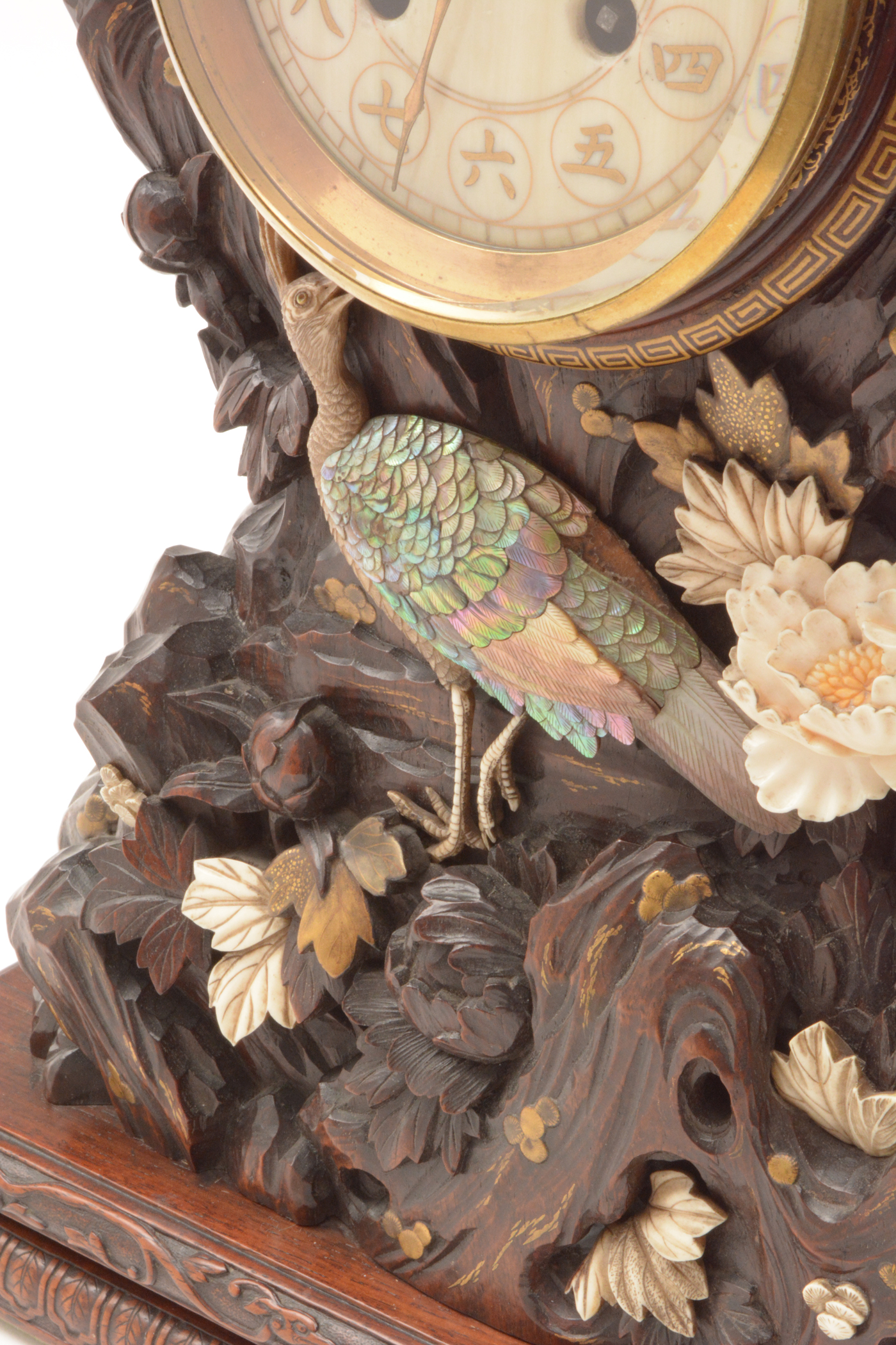 A rare and unusual Japanese carved mantel clock. - Image 6 of 14