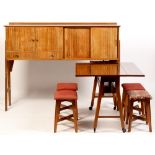Manner of Gordon Russell: sideboard unit/dining table; and four stools.