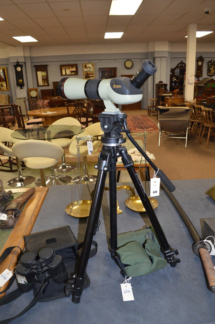 Nikon scope, Manfotto tripod and binoculars